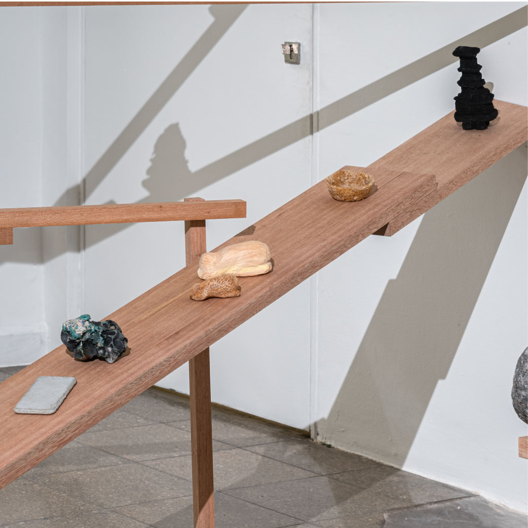ROH Egg, Bowing Person, Bowl, Four-Legged Being, Frying  Pan, Lump of Plastic, Elongated Stone, Tree Trunk,  Telephone, Stone Pagoda, Black Pagoda, Shell Stone,  Two-Legged Being, Square Plastic Bag, Bird, and  Something That Follows Us